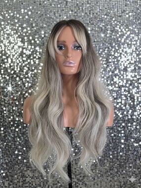 Long Wavy Ash Blonde/Grey Ombre Wig with Curtain Bangs